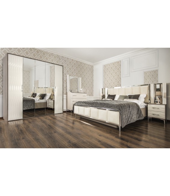 Ննջասենյակ «Գրավիտա» 5 դռնանի պահարան հայելիներով, ՊՊՈ հայելի (զարդասեղանի համար), զարդասեղան, պուֆ, մահճակալ 180×200