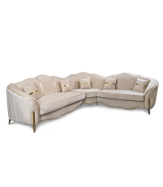 Գործարանային անկյունային բազմոց 3+2 «Լարան»՝ բացվող մեխանիզմով, դեկոր՝ ոսկի