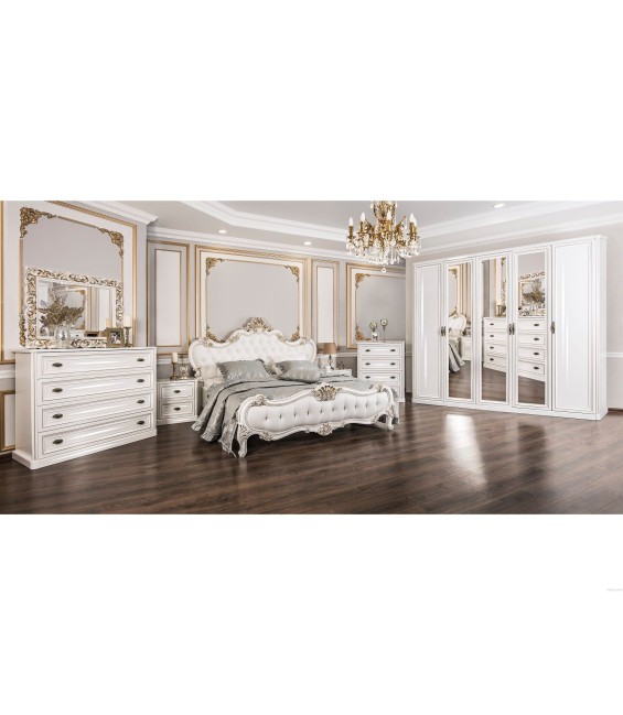 Ննջասենյակ «Նատալի» 5 դռնանի պահարան հայելիներով, սպիտակ, 180×200, ՊՊՈւ հայելի, նեղ կոմոդ