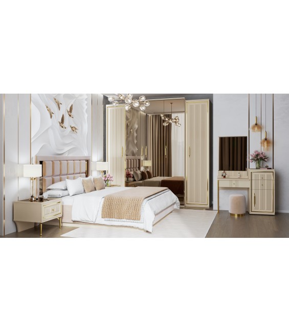 Ննջասենյակ «Զամիրա» 5 դռնանի պահարան հայելիներով, սպիտակ, մահճակալ 180×200, ՊՊՈ հայելի, զարդասեղան և պուֆ